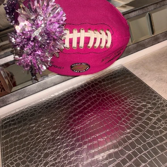 Betsey Johnson Pink Football purse with Sparkly Pom-Poms - Picture 4 of 11